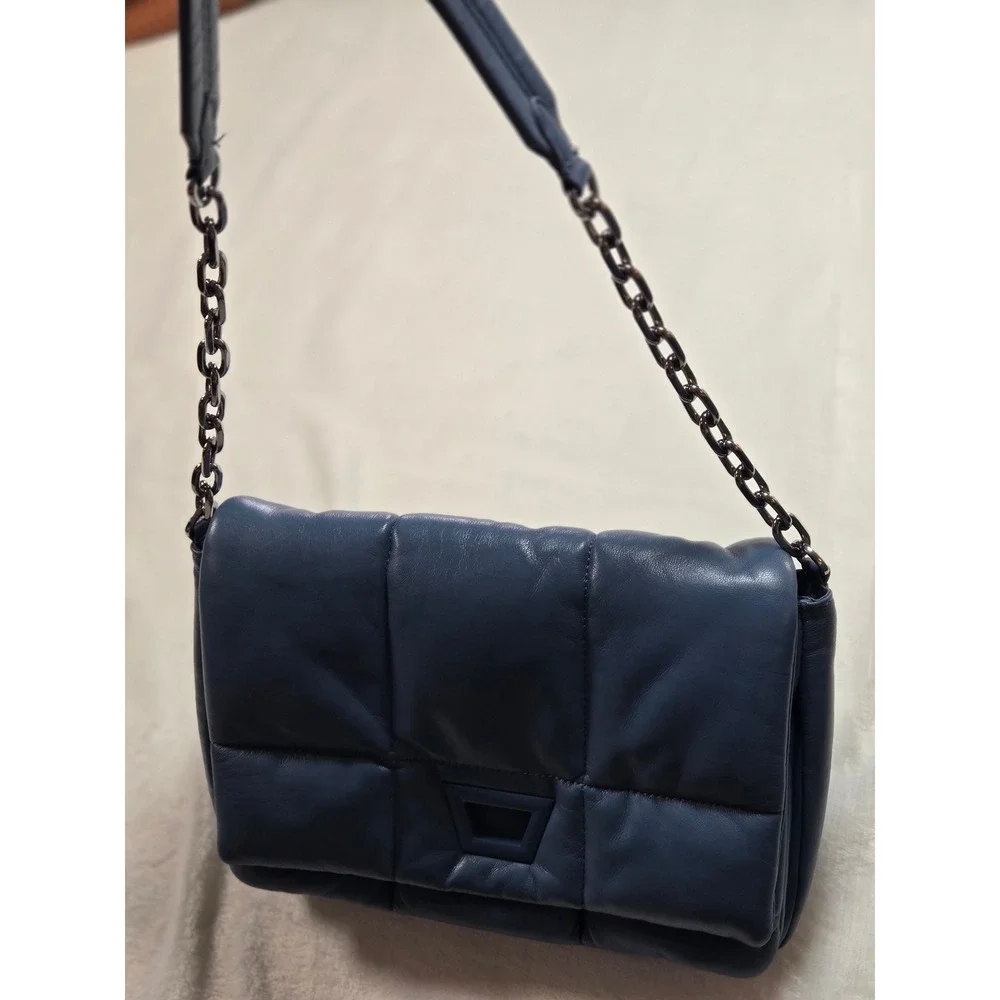 Zara Blue Quilted Puffer Shoulder Bag‎ Gunmetal Chain Strap Minimalist Small